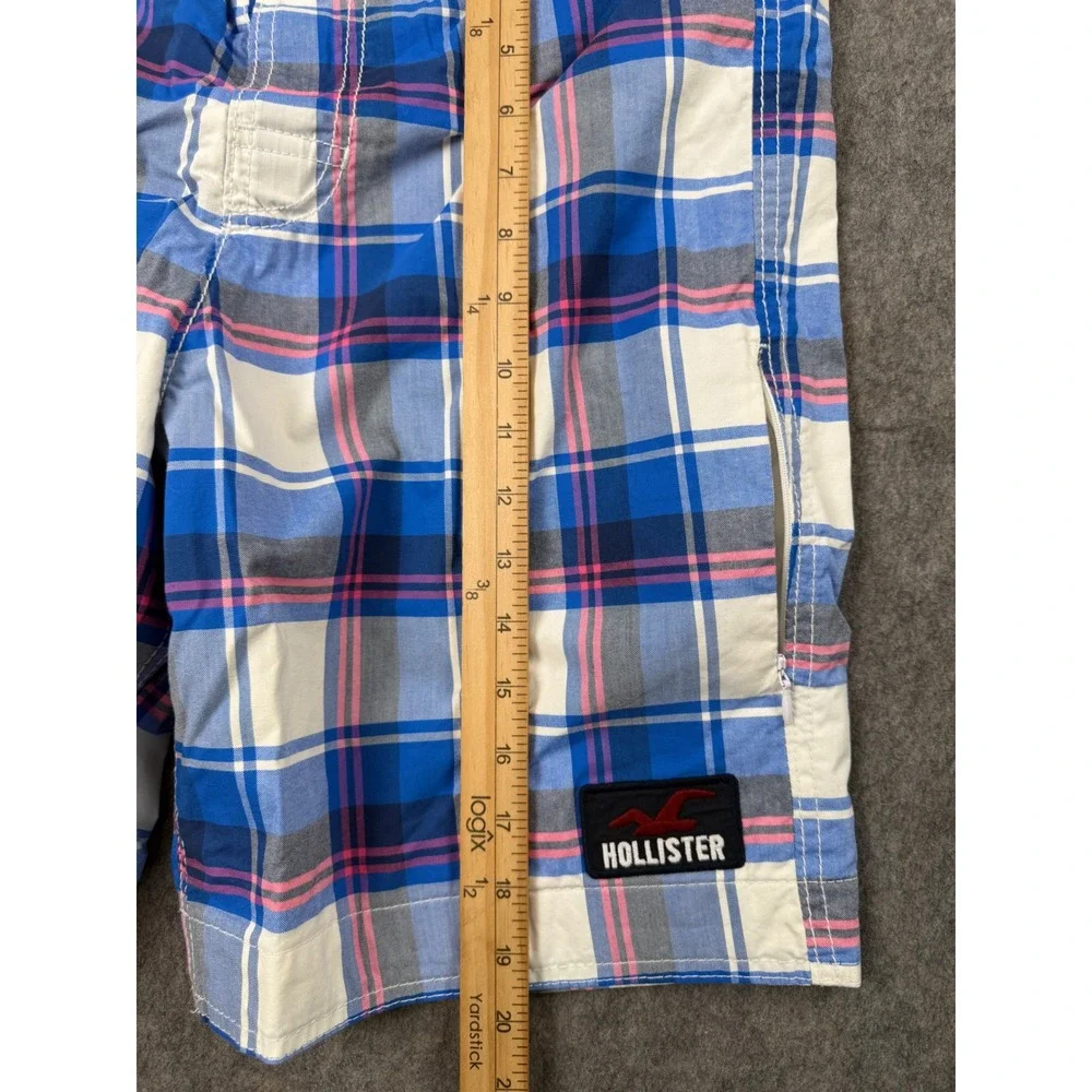 Hollister Mens Blue Pink Plaid Board Shorts Swim Trunks Size M Mesh Lined Pocket